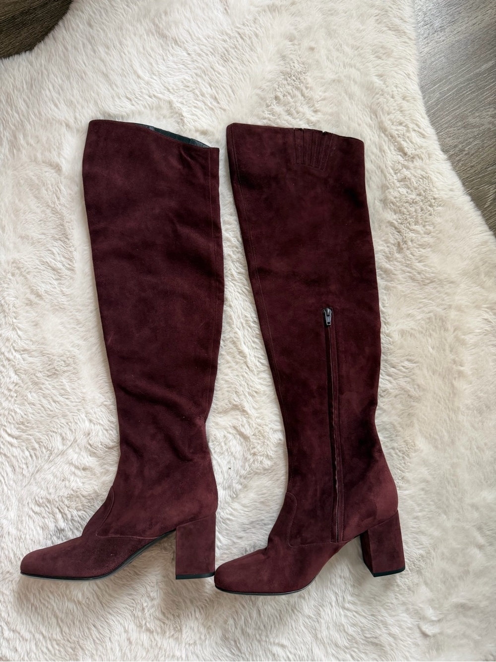 Yves Saint Laurent Burgundy Suede Over-the-Knee Block Heel Boots